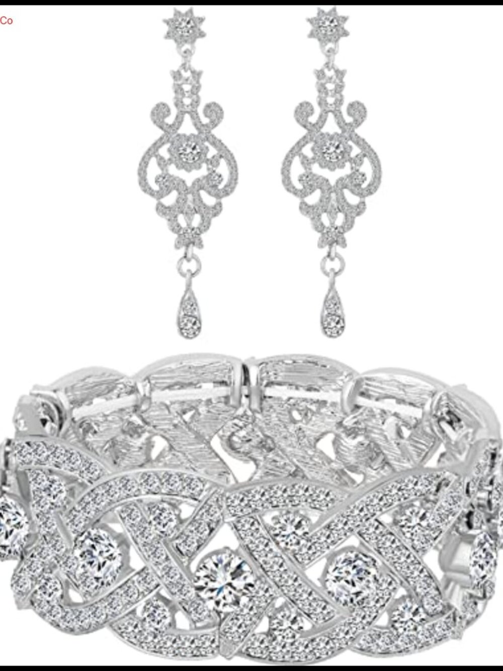 Rhinestone Crystal Wedding Bridal Tennis Bracelet & Drop Earrings Set - Stretch
